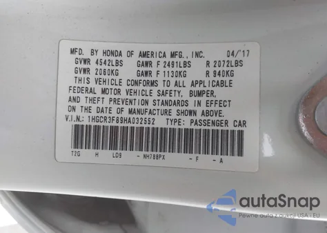 2017 Honda Accord Ex-L V6 из США, поврежденный, VIN 1HGCR3F89HA032552